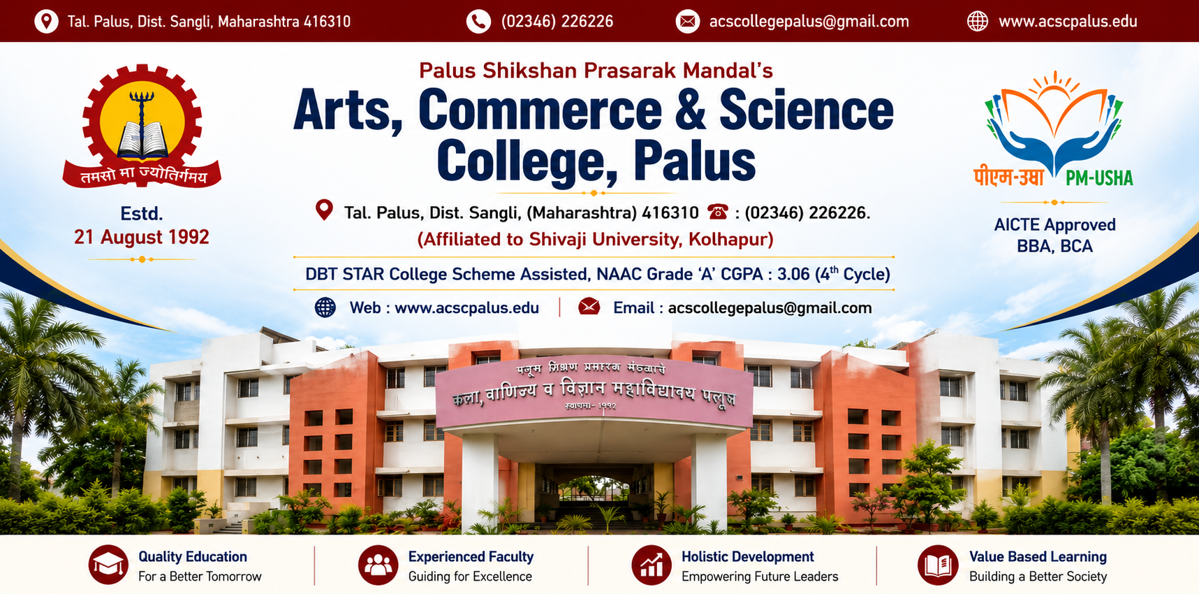 Palus Shikshan Prasarak Mandal Arts, Commerce and Science College, Palus header with address, affiliation, NAAC grade and courses